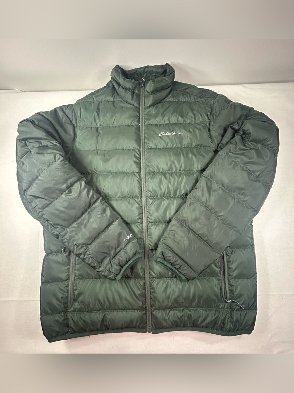 Eddie Bauer Puffer Jacket Men Large Dark Green Down Wide Channel EB650 Full Zip